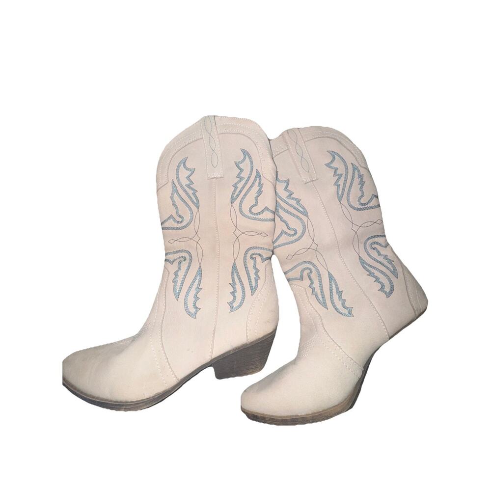 Sugar Cream White & Light Blue Western Ankle Booties